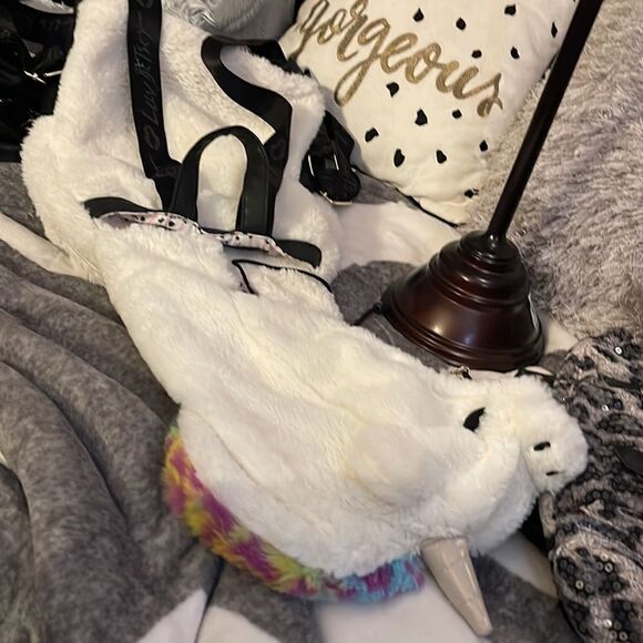 Rare betsey johnson backpack hoodie white plush fur unicorn rainbow HTF main image 6